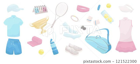tennis equipment set, workout clothes for man and women, racket, ball, shoes, bag, tennis strings, vibration dampener, towel, wristbands, thermal bottle 121522300