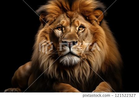 A majestic lion stares intently with soulful eyes, showcasing its powerful presence and magnificent mane, symbolizing strength. 121522327