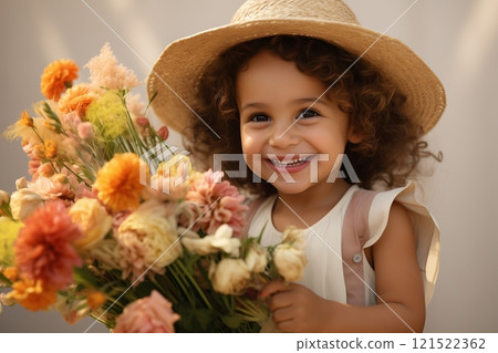 A cheerful child in a straw hat holding a colorful bouquet of flowers, radiating joy and innocence. A cheerful child in a straw hat holding a colorful bouquet of flowers, radiating joy and innocence. 121522362