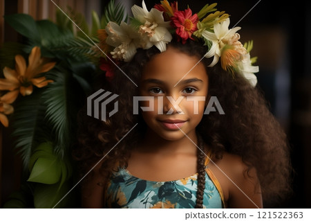 A cheerful child wearing a floral crown, surrounded by vibrant greenery, embodying joy and natural beauty. A cheerful child wearing a floral crown, surrounded by vibrant greenery, embodying joy and natural beauty. 121522363