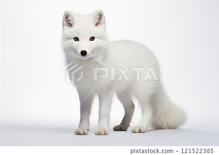 A charming white Arctic fox stands gracefully against a plain background, showcasing its fluffy fur and curious demeanor. 121522385
