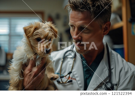 A caring veterinarian holding a small dog in a clinic, showing compassion and dedication to animal health. A caring veterinarian holding a small dog in a clinic, showing compassion and dedication to animal health. 121522394
