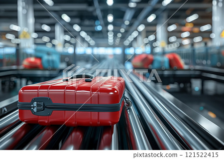 A bright red suitcase resting on a conveyor belt in an airport, symbolizing travel and adventure. 121522415