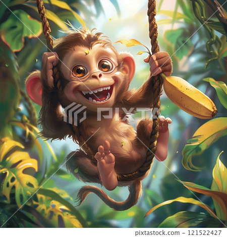 A cheerful monkey swinging on a vine, surrounded by lush greenery, expressing joy in its vibrant natural habitat. 121522427