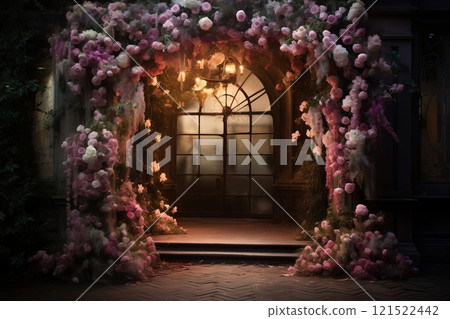 A beautiful floral archway adorned with pink and white blooms, welcoming visitors to an enchanting space. A beautiful floral archway adorned with pink and white blooms, welcoming visitors to an enchanting space. 121522442