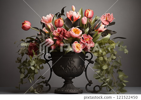 A beautifully arranged bouquet of vibrant tulips and lush greenery in an ornate black vase. 121522450
