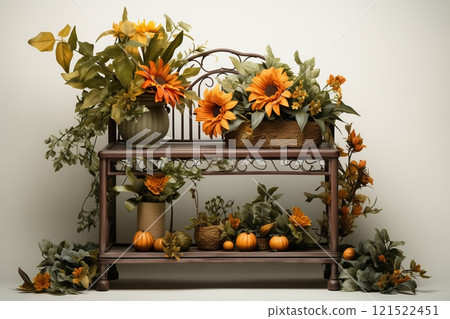 A beautifully arranged display of vibrant sunflowers and autumn leaves in warm shades of orange and green. 121522451