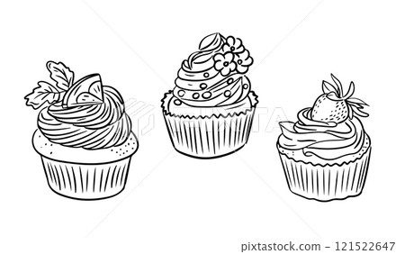 Hand drawn illustration of three cupcakes Hand drawn illustration of three cupcakes 121522647
