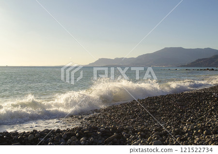 sea with the coastline in the background, Liguria, Italy sea with the coastline in the background, Liguria, Italy 121522734