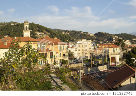 Beautiful view of the old town of Ventimiglia Alta in Italy, Liguria. Ligurian Riviera 121522742