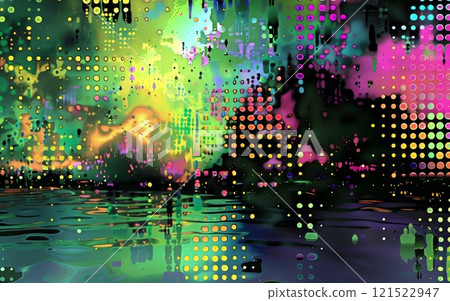 Vibrant Abstract Digital Art with Colorful Dotted Patterns Over Reflective Water 121522947