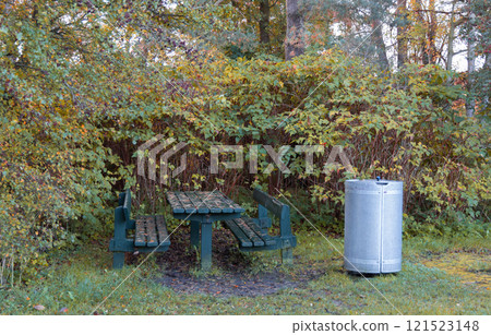 Picnic area in the park with wooden table. Picnic area in the park with wooden table. 121523148