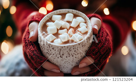 Woman holding cup of christmas cocoa with marshmallows 121523204