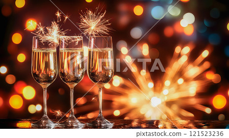 New year greeting cart with champagne glasses and sparklers on black 121523236