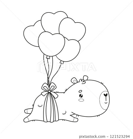Outline capybara with balloons hearts. Funny cartoon kawaii character animal. Line drawing, coloring book. Vector illustration. Kids collection. 121523294
