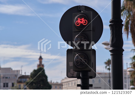On the street there is a traffic light with the image of a bicycle 121523307
