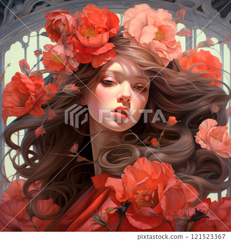 Beautiful girl with flowers and butterflies in her hair 121523367