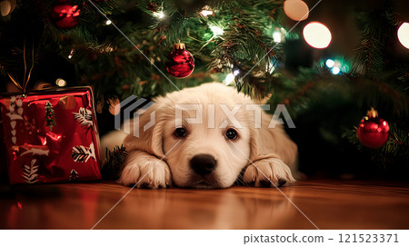 White puppy retriever lying down under christmas tree 121523371