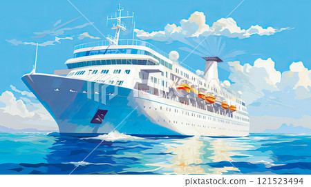 White cruise ship at sea on a sunny day. Ai generadet art. 121523494