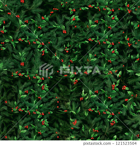 Christmas pattern with fir branches and holly berry 121523504