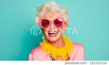 Cheerful glamorous old woman with gray hair dressed in pink. Concept of fun old age or eternal youth 121523518