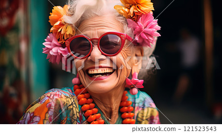Cheerful glamorous old woman with gray hair. Concept of fun old age or eternal youth 121523543