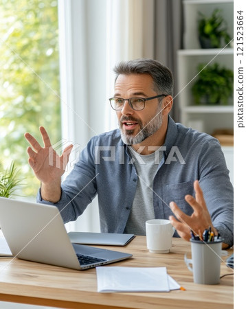 Bearded man in casual attire using a laptop at a desk, gesturing with hand, surrounded by plants, daylight visible through large windows, concepts of remote work and home office 121523664