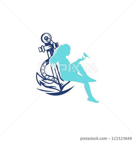 Happy woman sitting on anchor near water enjoy summer vacation. Smiling girl relaxing on bridge on river enjoying holidays 121523689