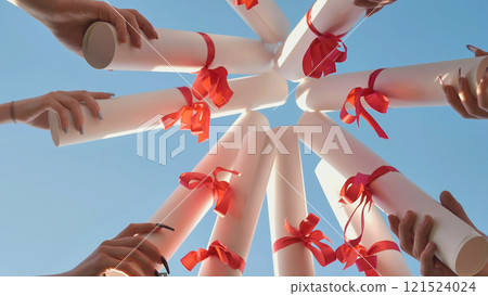Graduates join their diplomas in a circle against the sky. Graduates join their diplomas in a circle against the sky. 121524024