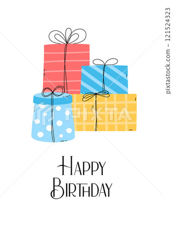 Happy Birthday greeting card vertical. Vector illustration with text. Cute gift boxes pile. Funny flat colorful hand drawn kid bday card design 121524323