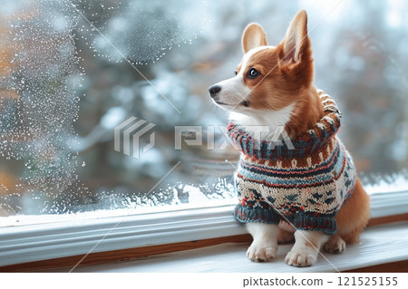 Corgi puppy in a cozy sweater looking out the window on a snowy winter day. 121525155
