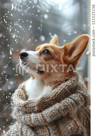 Corgi watching snowflakes fall outside a cozy indoor setting on a winter day. 121525156