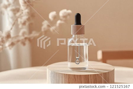 glass dropper bottle with black lid on a podium 121525167