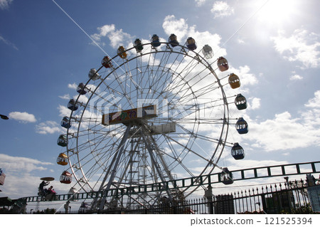 We rode the Skywalk at the amusement park. Daddy was also excited and waved back to Mommy. 121525394