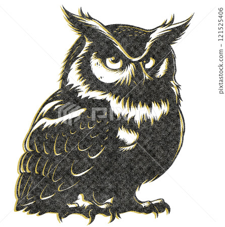 Owl Illustration with Risograph Overprint and Retro Texture 121525406