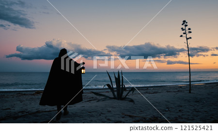 Shadowy Monk Seeks Secrets by the Sea 121525421