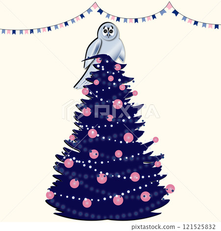 Owl sitting on a Christmas tree 121525832