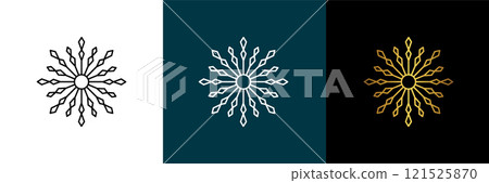 Symmetrical circular graphic for logotype, snowflake. Vector circular pattern. Color black, white, gold. Isolated design element for themes abstract geometrical modern decoration round logo template. Symmetrical circular graphic for logotype, snowflake. Vector circular pattern. Color black, white, gold. Isolated design element for themes abstract geometrical modern decoration round logo template. 121525870