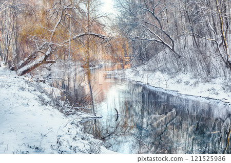 Fantastic  landscape in city park with snowy trees and beautiful frozen river. 121525986