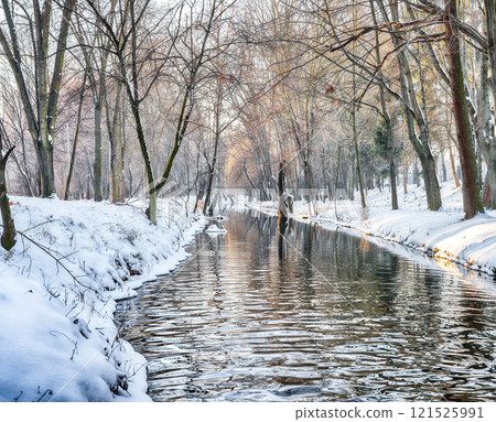 Breathtaking landscape in city park with snowy trees and beautiful reflection in frozen river. 121525991