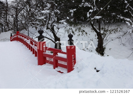 Snowy scenery of the cedar bridge_Hirosaki Castle 121526167