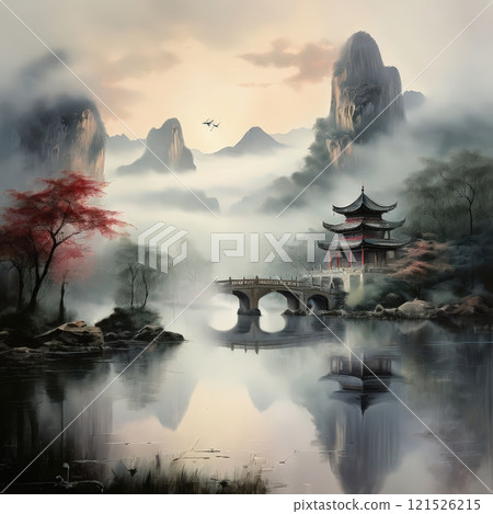 the AI Image Generator, Landscape With Pavilion and Bridge in Early Morning Fog the AI Image Generator, Landscape With Pavilion and Bridge in Early Morning Fog 121526215