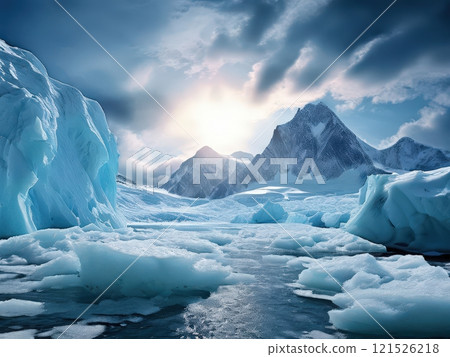 the AI Image Generator, Serene Arctic Landscape with Majestic Icebergs and Snow 121526218