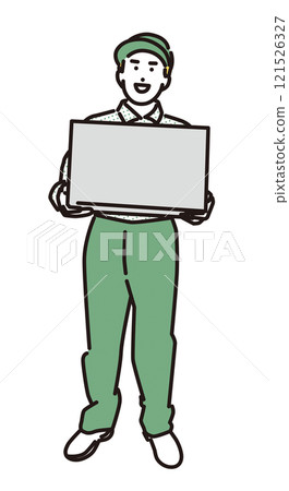 送貨員微笑著遞出包裹的簡單插圖 送貨員微笑著遞出包裹的簡單插圖 121526327