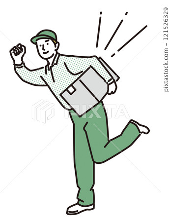 簡單說明：男性外送員拎著包裹握拳的全身 121526329