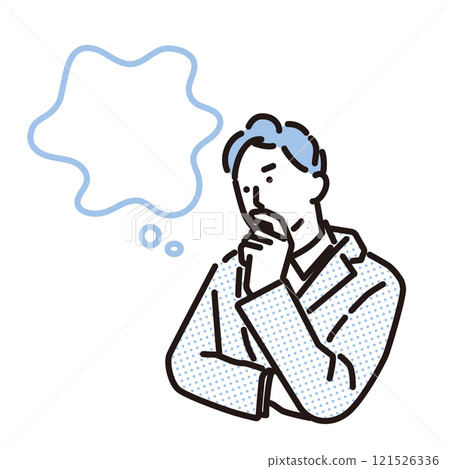 Simple illustration of a businessman with his arms folded thinking and a speech bubble 121526336