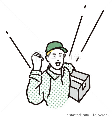 Simple illustration of a male delivery man posing with his fist in the air while carrying a package Simple illustration of a male delivery man posing with his fist in the air while carrying a package 121526339