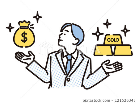 Simple illustration: A businessman wondering whether to accept dollars or gold Simple illustration: A businessman wondering whether to accept dollars or gold 121526345