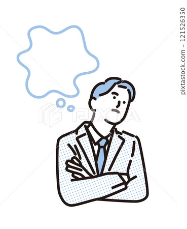 Simple illustration of a businessman with his arms folded thinking and a speech bubble 121526350