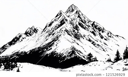 水墨風格雪山剪影,單色靜謐風景 水墨風格雪山剪影,單色靜謐風景 121526929